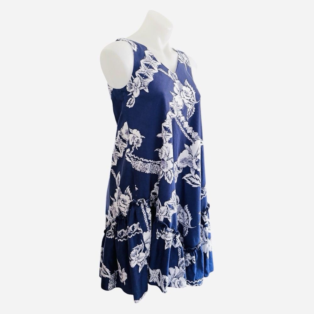 Vintage Malama Sophisticates Hawaii Dress 1970s Ruffles 100% Cotton Blue White